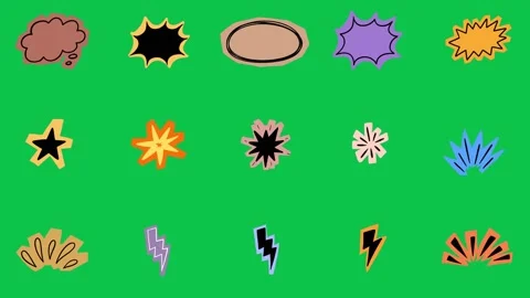 2D Hand Drawn Colorful Speech Bubble Star Burst and Lightning Animation Chroma  Stock Footage 345365237