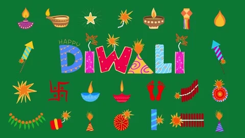 2D Hand Drawn Diwali Elements Pack Green Screen Festival Celebration Overlay Stock Footage 340531386