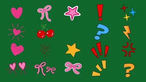 2D Hand Drawn Pop Art Elements Green Screen Heart Star Symbol Overlay Stock Footage 340531819