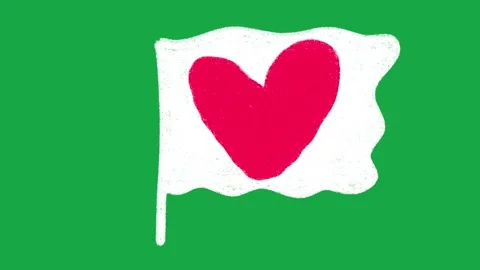 2D Hand Drawn Waving White Flag with Red Heart Animation on Green Screen Vídeo Stock 335124701