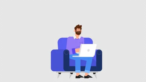 2D Happy Man Working On Laptop On Blue Sofa Видео 268217103