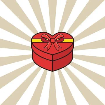 2D heart shape gift box vector. wrapped box package. sunburst effect backgr.. Stock Illustration