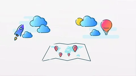 2D Illustrated Cloud Growth Concept With Rocket and Map Pinpoints Stock Footage 276649707