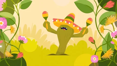 2d Illustrated Floral Theme Of Cinco De Mayo Theme With Dancing Cactus Vidéo 264048429