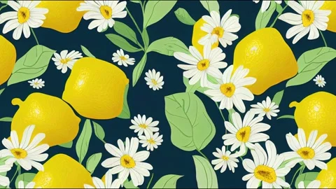 2d illustrated seamless summer animation with lemons, flowers and butterflies. Video stock 220123310