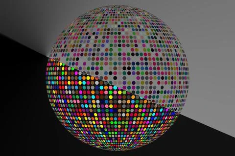 A 2D illustration of a disco ball with a diagonal split in the gray and black Stock Illustration