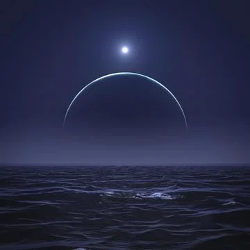 2d illustration of the moon and the sun over the ocean Ilustração Stock