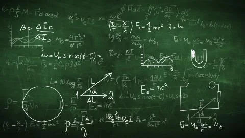 2D illustration of physical formulas, tasks, plots on a chalkboard. Stock Illustration