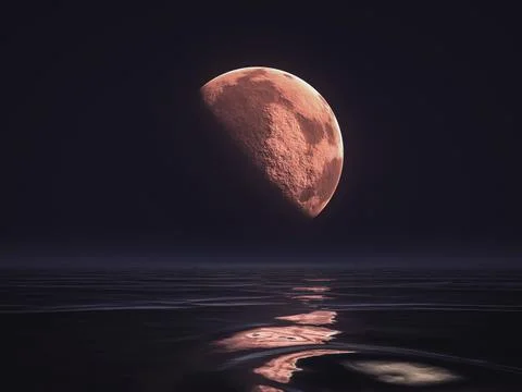 2d illustration of a red moon rising over the ocean Ilustração Stock