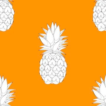 2d lined pineapple fruit contour abstract seamless pattern on orange background Illustrazione stock