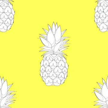 2d lined pineapple fruit contour abstract seamless pattern on yellow background Illustrazione stock