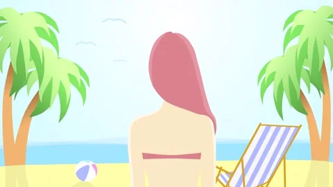 2d loop animation of a girl on the beach back view on a tropical island with Stock-Footage 138329879