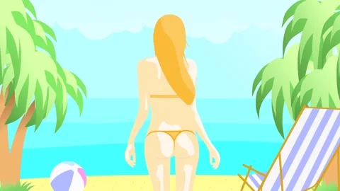 2D loop Animation of the girl on the beach view from the back. Vacation concept Video stock 140269327