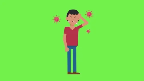 2D man in fever  with thermometer due to coronavirus  around him on green Stock Footage 265149414