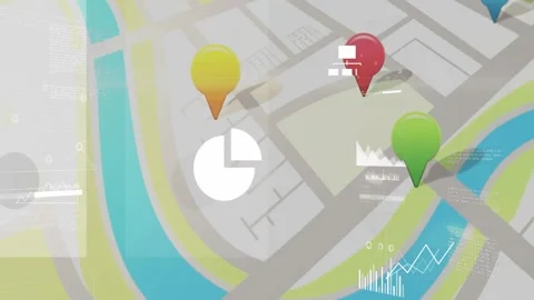 2D map showing market data, pins appearing, cloud scaling, bars rising, pie Video stock 333962810