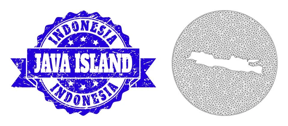 2D Mesh Round Inverted Map of Java Island with Distress Stamp Ilustración de archivo