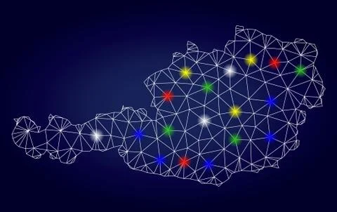 2D Mesh Vector Austria Map with Colored Light Spots 스톡 일러스트
