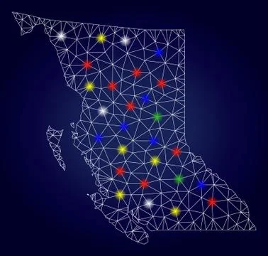 2D Mesh Vector British Columbia Province Map with Colorful Glow Spots Stock Illustration