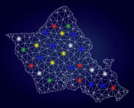 2D Mesh Vector Oahu Island Map with Bright Glow Spots Stock Illustration