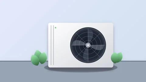 2D Minimalist motion graphics of a white outdoor air conditioning unit with.. Stock Footage 345694129