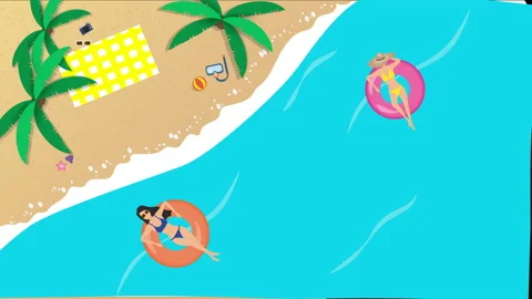 2D Motion graphics ,Summer beach video design, people relaxing on a tubing in Stock Footage 152096331