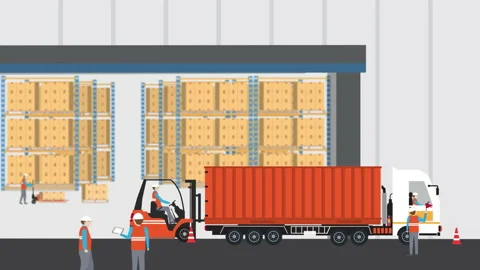 2D motion graphics..Warehouse Interior with Boxes On Rack And People Stock Footage