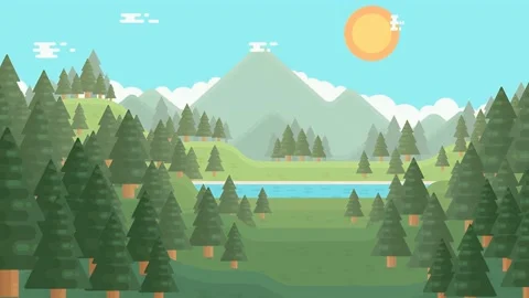 2D Mountain Landscape With Green Grass, Lake, Forest Trees Vidéo 304963929