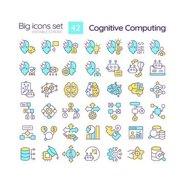 2D multicolor big linear icons set for cognitive computing Stock Illustration