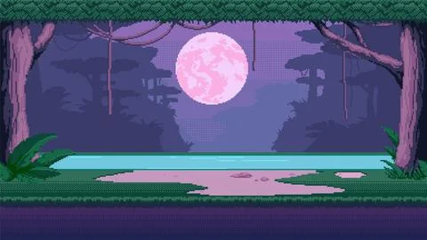2d pixel night jungle forest landscape. Stock Illustration