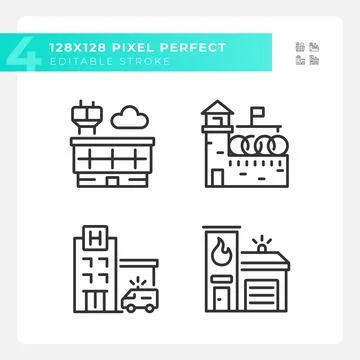 2D pixel perfect black building icons Ilustración de archivo