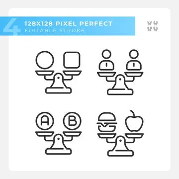 2D pixel perfect black comparisons line icons Stock Illustration