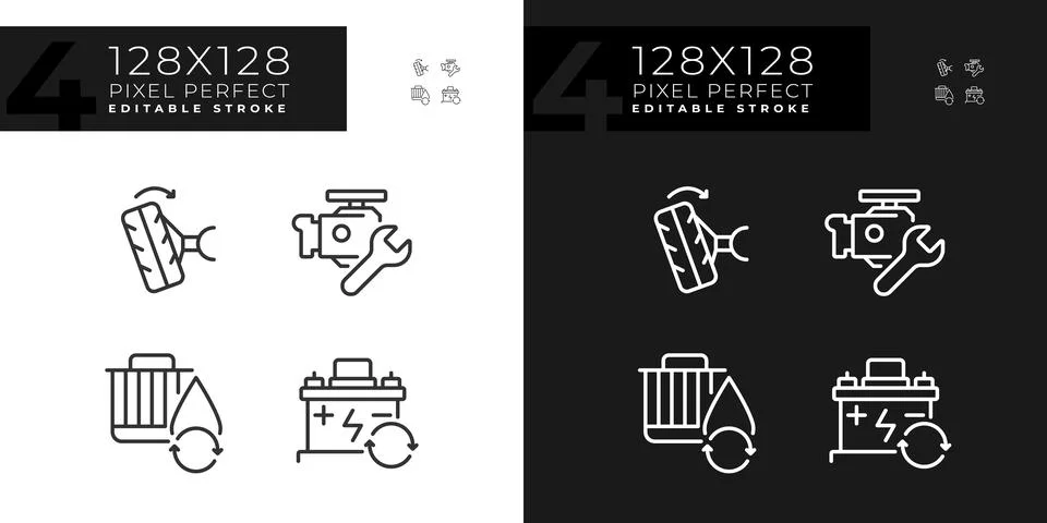 2D pixel perfect dark and light car repair and service icons Stock Illustration