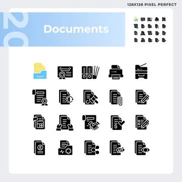 2D pixel perfect glyph style document icons set 스톡 일러스트