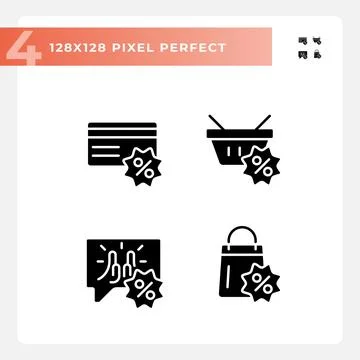 2D pixel perfect glyph style discounts icons Illustrazione stock