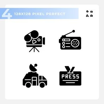 2D pixel perfect journalism black icons set Stock Illustration