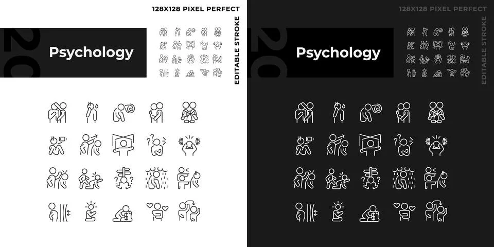 2D pixel perfect white and black psychology icons Illustrazione stock