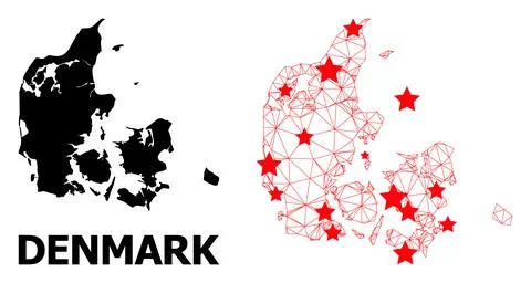 2D Polygonal Map of Denmark with Red Stars Illustrazione stock