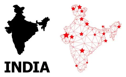 2D Polygonal Map of India with Red Stars Stock Illustration