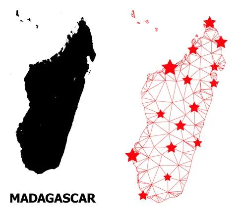 2D Polygonal Map of Madagascar Island with Red Stars Stock Illustration