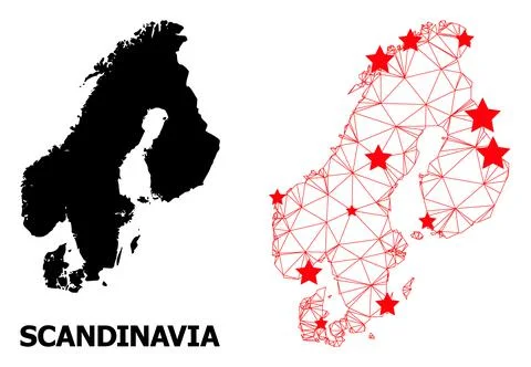 2D Polygonal Map of Scandinavia with Red Stars Stock Illustration