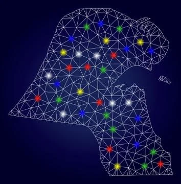 2D Polygonal Vector Kuwait Map with Colorful Light Spots Stock Illustration
