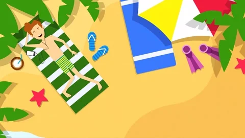 2d Rendered Cartoon Man Lying On Beach And Listening To Music Video stock 261426645