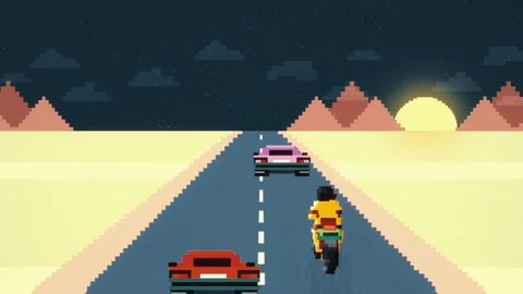 2D retro video game motorcycle racing. Nostalgia Retro Vibe. Imitation of Stock-Footage 256283330