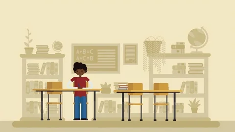 2d Schoolboy Writing Notes Sitting On Desk In School Classroom 動画素材 305159381