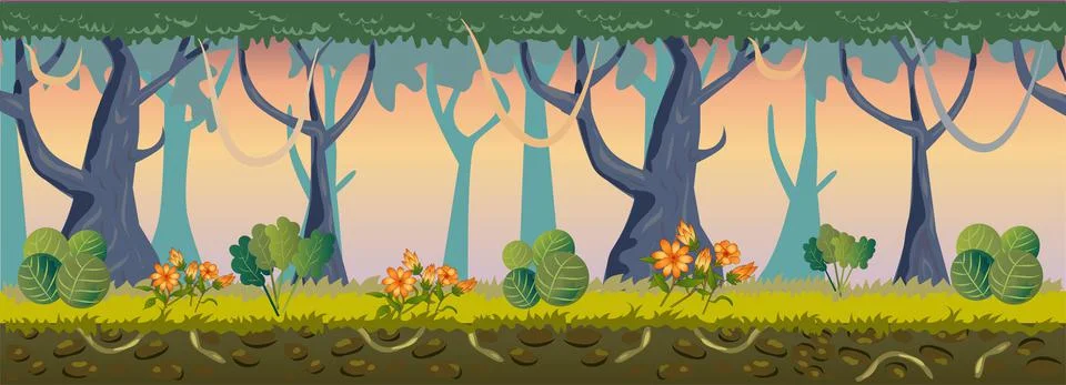 2D Side Scrolling Forest Game Background Stock Illustration