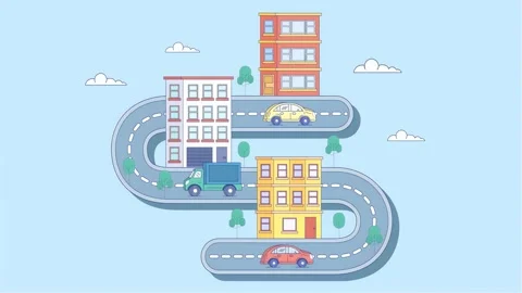 2D Spiral Path With Buildings And Transports Stock-Footage 305236290