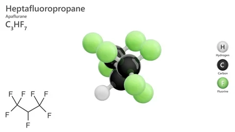 The 2d structure and a 3d model of molecule Heptafluoropropane. C3HF7. Stock Footage 285039624