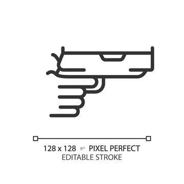 2D thin line pixel perfect simple black gun in hand icon Stock Illustration