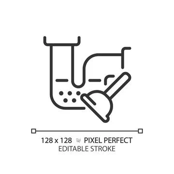 2D thin linear black drain blockage and plunger icon Stock Illustration
