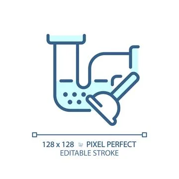 2D thin linear blue drain blockage and plunger icon Stock Illustration